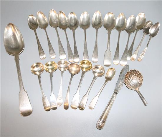 Pair silver tablespoons, 13 teaspoons, 7 condiment spoons, 2 odd items